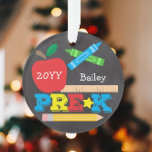 Pre-K Preschool Keepsake Chalkboard Colorful Ornament<br><div class="desc">This Pre-K ornament features an apple, a ruler, crayons and bold, colorful fun typography! Click the customize button for more options for modifying the text! Variations of this design, additional colors, as well as coordinating products are available in our shop, zazzle.com/store/doodlelulu. Contact us if you need this design applied to...</div>