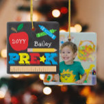 Pre-K Preschool Keepsake Chalkboard Colorful Photo Ceramic Ornament<br><div class="desc">Pre-K photo ornament design features an apple, a ruler, crayons and bold, colorful fun typography! Click the customize button for more options for modifying the text! Variations of this design, additional colors, as well as coordinating products are available in our shop, zazzle.com/store/doodlelulu. Contact us if you need this design applied...</div>