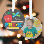 Pre-K Preschool Keepsake Chalkboard Colorful Photo Ornament<br><div class="desc">This photo Pre-K ornament features an apple, a ruler, crayons and bold, colorful fun typography! Click the customize button for more options for modifying the text! Variations of this design, additional colors, as well as coordinating products are available in our shop, zazzle.com/store/doodlelulu. Contact us if you need this design applied...</div>