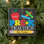 Pre-K Preschool Teacher Keepsake Bright Chalkboard Ceramic Ornament<br><div class="desc">Pre-K teacher ornament design features an apple, crayons, a pencil and bold, colorful fun typography! Click the customize button for more options for modifying the text! Variations of this design, additional colors, as well as coordinating products are available in our shop, zazzle.com/store/doodlelulu. Contact us if you need this design applied...</div>