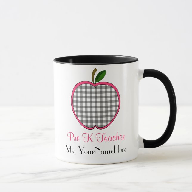 Pre K Teacher Mug - Gray Gingham Apple w Pink (Right)