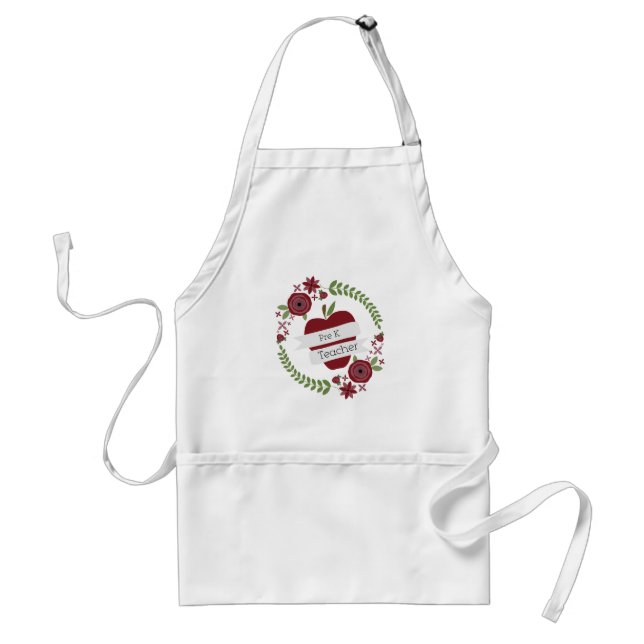 Pre K Teacher Red Apple Floral Wreath Adult Apron (Front)