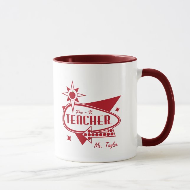 Pre - K Teacher Retro Red 60's Inspired Sign Mug (Right)
