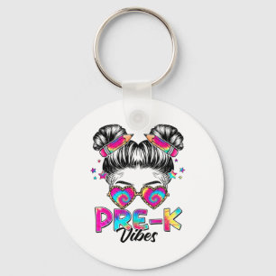 Pre K Vibes Messy Bun Girl Ck To School First Day  Keychain