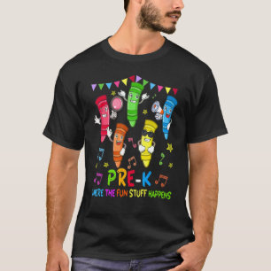 Pre K Where The Fun Stuff Happens Cute Crayon Back T-Shirt