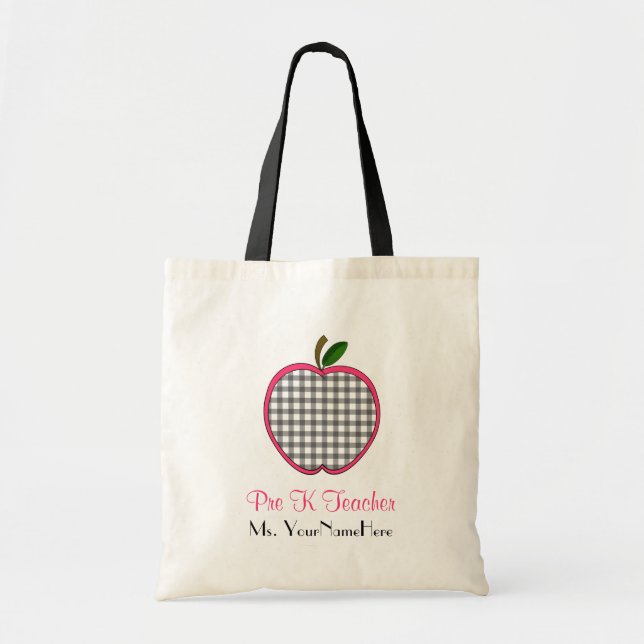 Pre Kindergarten Teacher Bag - Gray Gingham Apple (Front)