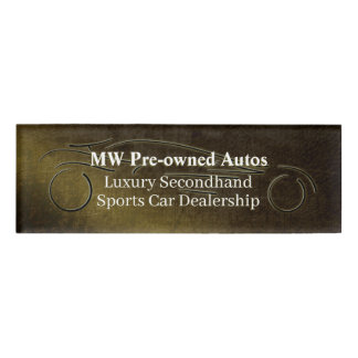 Pre-owned Autos, gold sports car, leather-look Name Tag