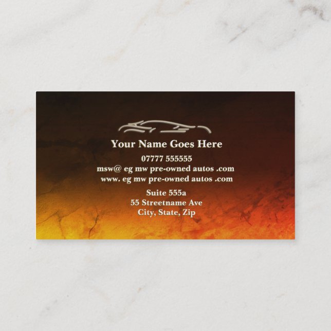 Pre-owned Autos, luxury gold sports car logo Business Card (Back)