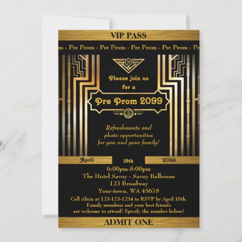 Pre Prom invitationGatsby styleticketblack gold Invitation