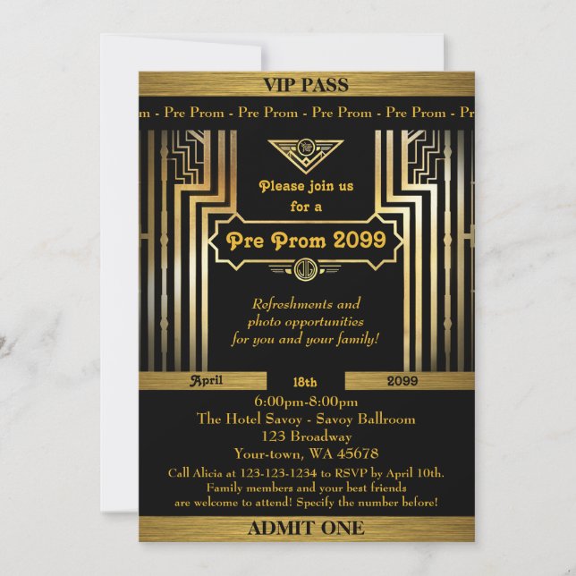 Pre Prom invitation,Gatsby style,ticket,black gold Invitation (Front)