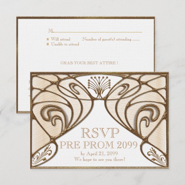 PRE PROM RSVP, Great Gatsby, gold on white Invitation (Front/Back)