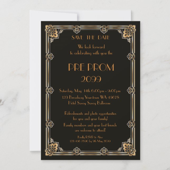 Pre PromJunior, Great Gatsby, Gold, Black Save The Date (Front)