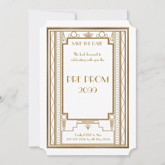 Pre PromJunior, Great Gatsby, Gold, White Save The Date (Front)