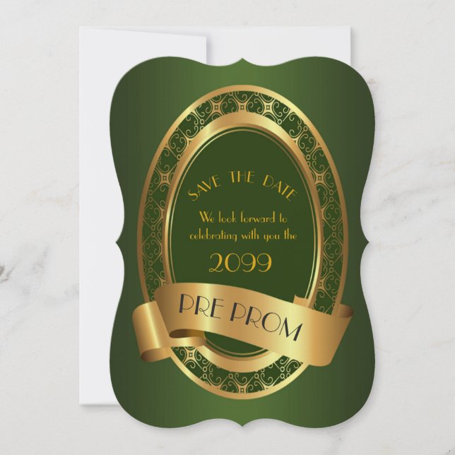 Pre PromJunior, Great Prom, emerald green, gold Save The Date (Front)
