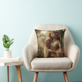 Pre-Raphaelite gilded woman 2 in garden Throw Pillow