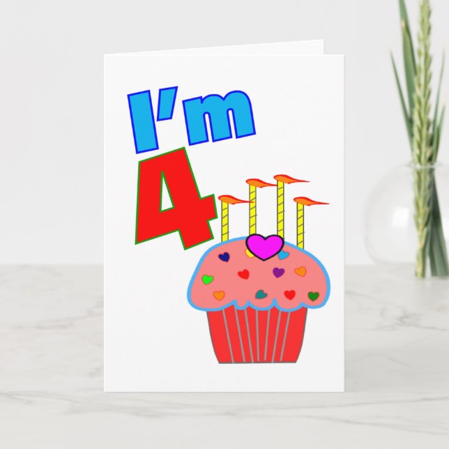 Pre School Birthday "I'm 4" Adorable Cupcake Card (Front)