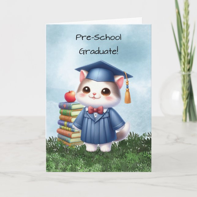 Pre-School Graduation Girl Cat Congratulations Card (Front)