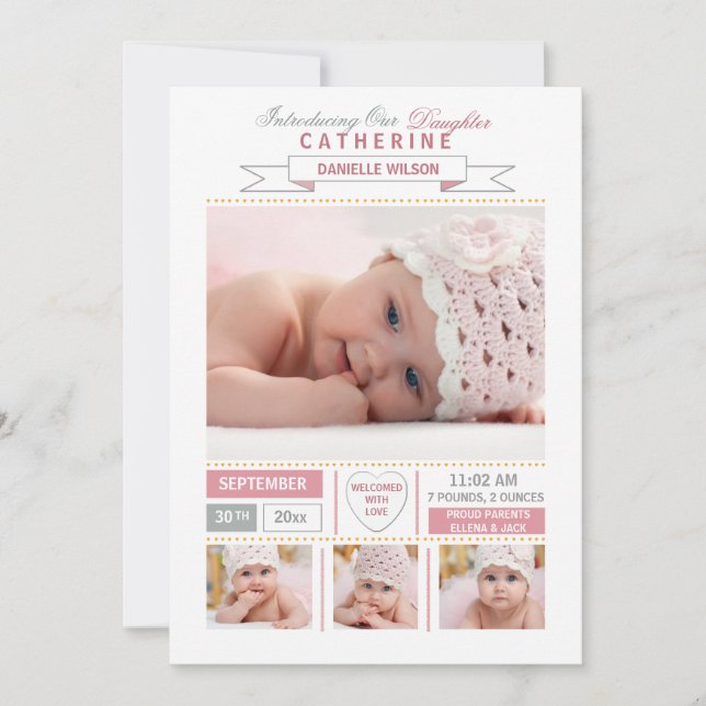 Precious Arrival Pink Photo Birth Announcement (Front)