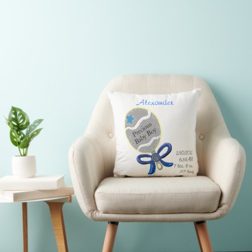 Precious Baby Boy Blue Bow Rattle Birth Details Throw Pillow