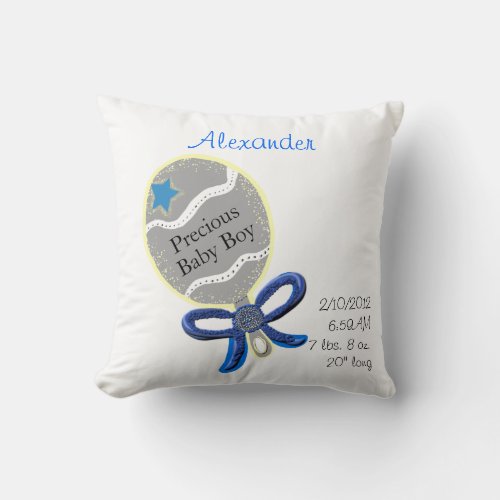 Precious Baby Boy Blue Bow Rattle Birth Details Throw Pillow