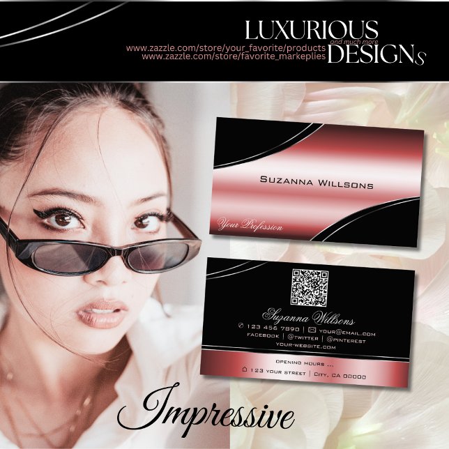 Precious Black Red Curved Decor Lines and QR Code Business Card (Creator Uploaded)