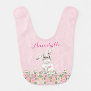 Precious Bunny Rabbit in Rose Garden Personalized Baby Bib