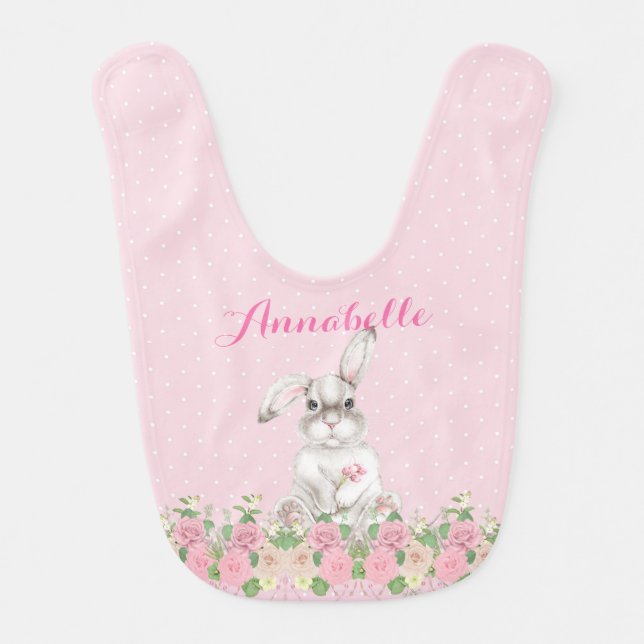 Precious Bunny Rabbit in Rose Garden Personalized Baby Bib (Front)