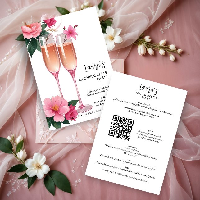 Precious Cute Floral Champagne Flutes Bachelorette Invitation (Cherish Cute Floral Champagne Flutes Elegant Bachelorette Party Invitations )
