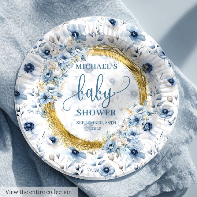 Precious dusty blue watercolor flowers gold shower paper plates (Precious dusty blue watercolor flowers gold shower Paper Plates)
