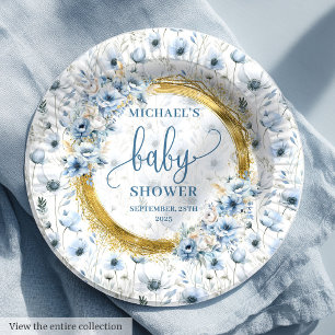 Precious dusty blue watercolor flowers gold shower paper plates