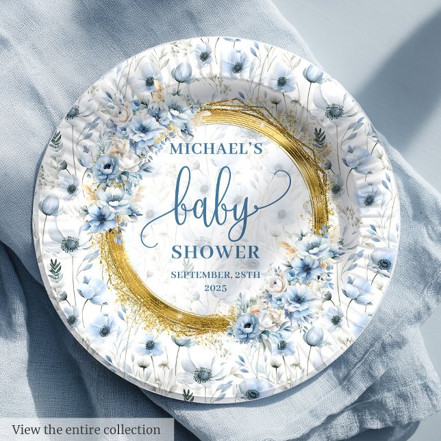 Precious dusty blue watercolor flowers gold shower paper plates (Precious dusty blue watercolor flowers gold shower Paper Plates)