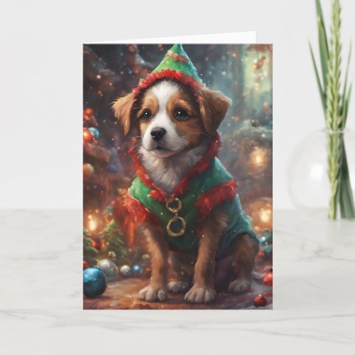 Precious Elf Christmas Puppy Art card