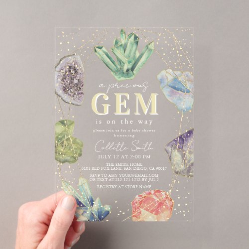 Precious Gem Crystals Gemstone Girl Baby Shower Acrylic Invitations