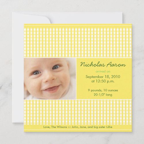 Precious Gingham (lemon) Birth Announcement