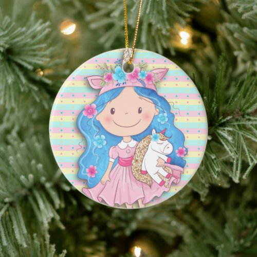 Precious Girl Cutie with Unicorn Christmas Ceramic Ornament