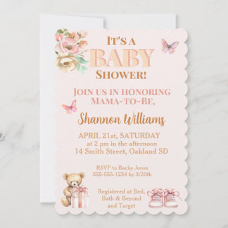 Precious Girl Teddy Bear Baby Shower Invitation