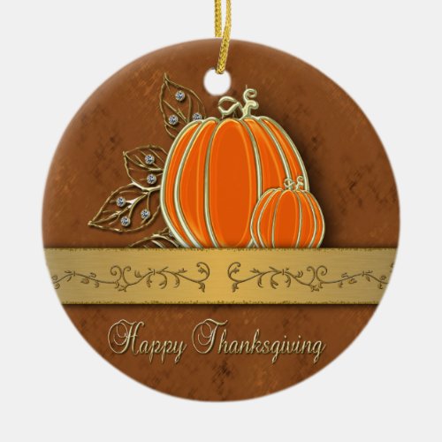 Precious Gold Thanksgiving Pumpkin Leaves Ceramic Ornament