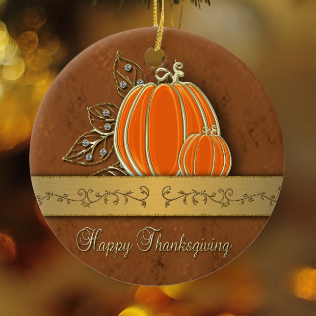 Precious Gold Thanksgiving Pumpkin Leaves Ceramic Ornament (Creator Uploaded)