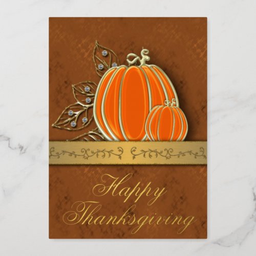 Precious Gold Thanksgiving Pumpkin Leaves Foil Holiday Card