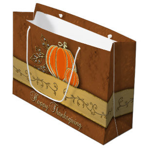 Precious Gold Thanksgiving Pumpkin Leaves Large Gift Bag