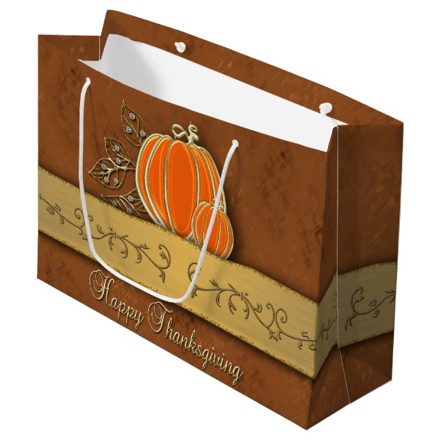 Precious Gold Thanksgiving Pumpkin Leaves Large Gift Bag (Front Angled)