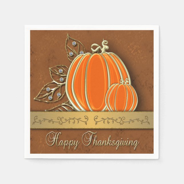 Precious Gold Thanksgiving Pumpkin Leaves Napkins (Front)