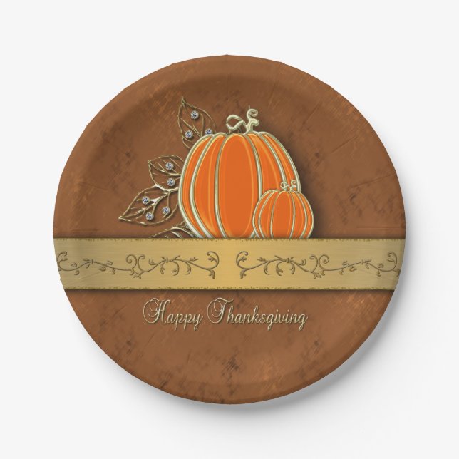 Precious Gold Thanksgiving Pumpkin Leaves Paper Plates (Front)