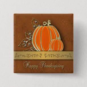 Precious Gold Thanksgiving Pumpkin Leaves Pinback Button