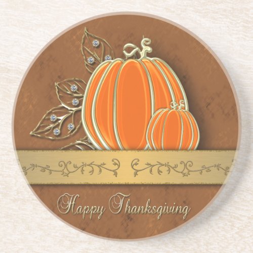 Precious Gold Thanksgiving Pumpkin Leaves Sandstone Coaster