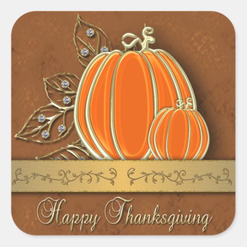 Precious Gold Thanksgiving Pumpkin Leaves Square Sticker