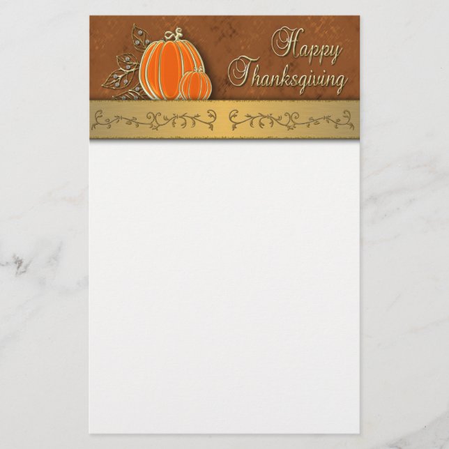 Precious Gold Thanksgiving Pumpkin Leaves Stationery (Front)