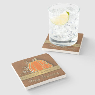 Precious Gold Thanksgiving Pumpkin Leaves Stone Coaster
