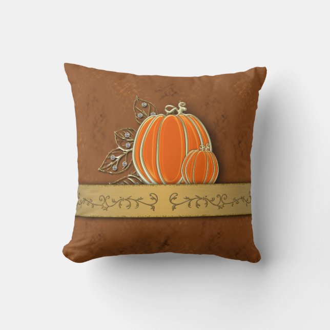 Precious Gold Thanksgiving Pumpkin Leaves Throw Pillow (Front)