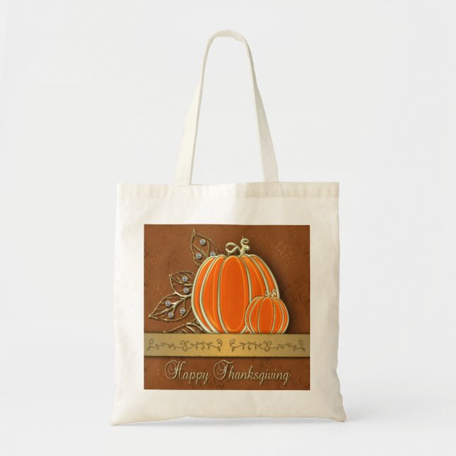 Precious Gold Thanksgiving Pumpkin Leaves Tote Bag (Front)
